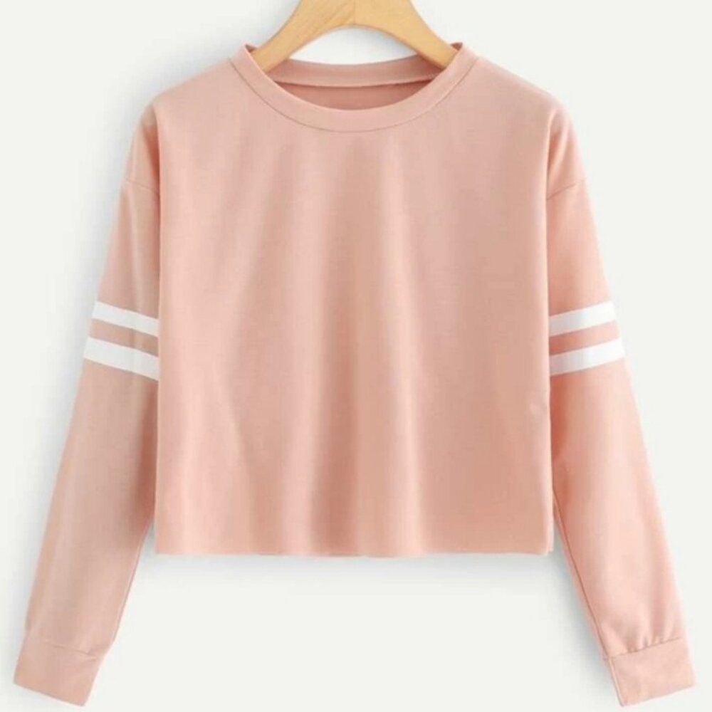 Shein light pink varsity striped long sleeve pullover crop top